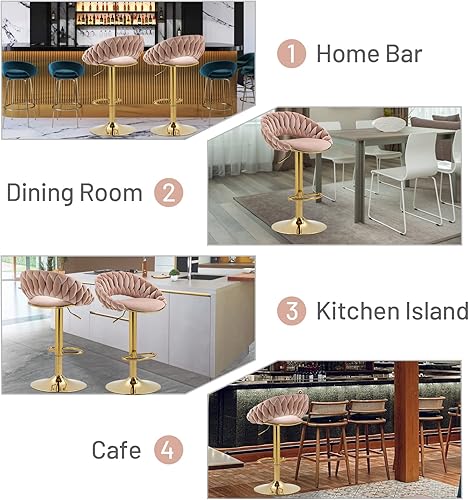 Miniatura 3 de Moderno juego de 2 taburetes de bar giratorios de terciopelo, cómodos taburetes de bar ajustables con respaldo curvado tejido a mano, patas doradas