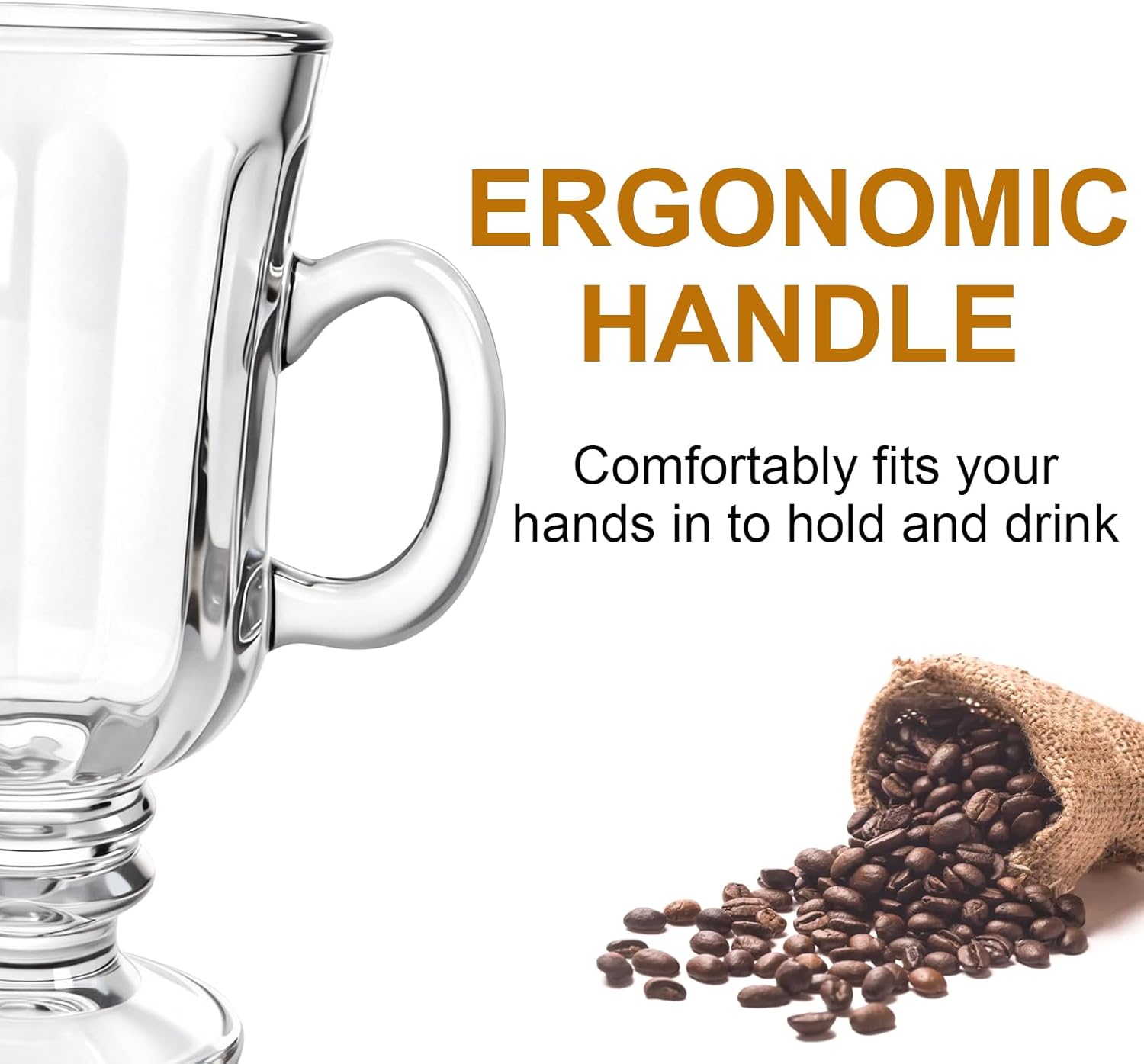 ZENFUN 6 Pack Irish Coffee Mugs, 8 Oz Glass Footed Espresso Cups with Handles, Clear Vertical Grain Goblet Mugs Glasses for Coffee, Latte, Cappuccino, Smoothie
