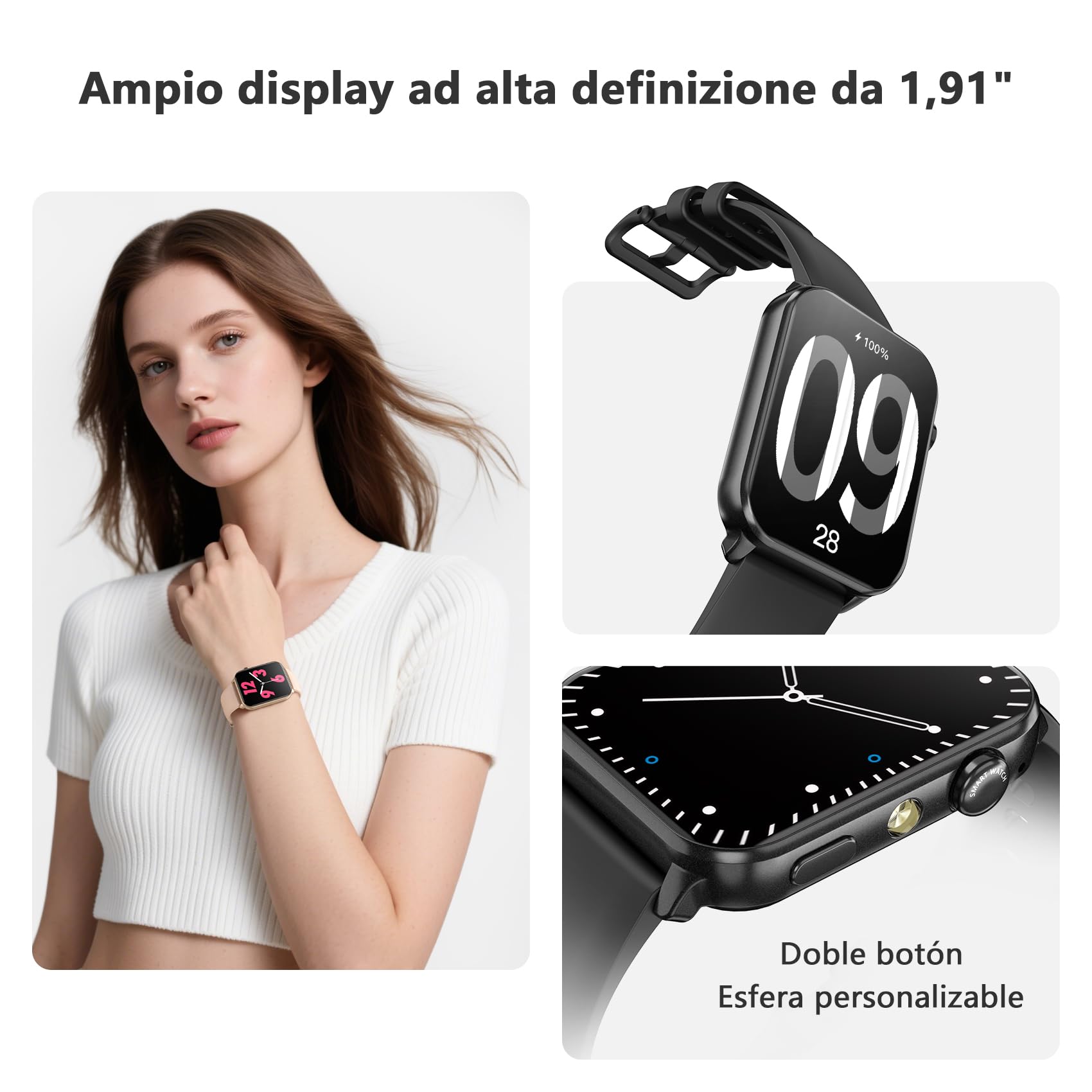 Blackview Smartwatch Uomo Donna, Effettua e Rispondi alle Chiamate,1,91'' Orologio Intelligente 100+ Modalità Sportive/Sonno/Cardiofrequenzimetro/SpO2/ Torcia per Android IOS