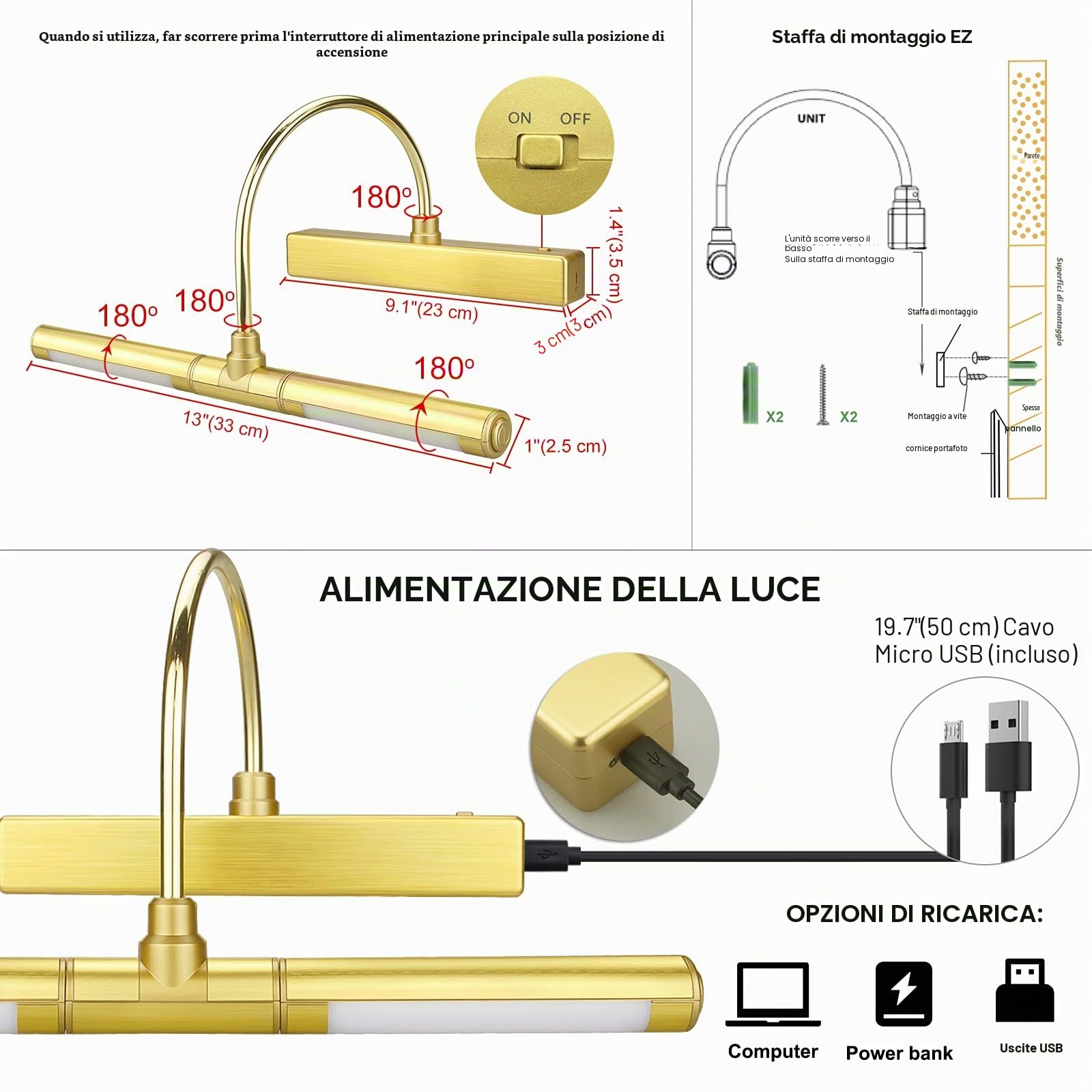 HONWELL Lampada per quadri wireless ricaricabile con 12 colori che cambiano, applique da parete a LED con telecomando, lampada display a LED da 13 pollici con testa girevole per Quadri da Pittura,Oro