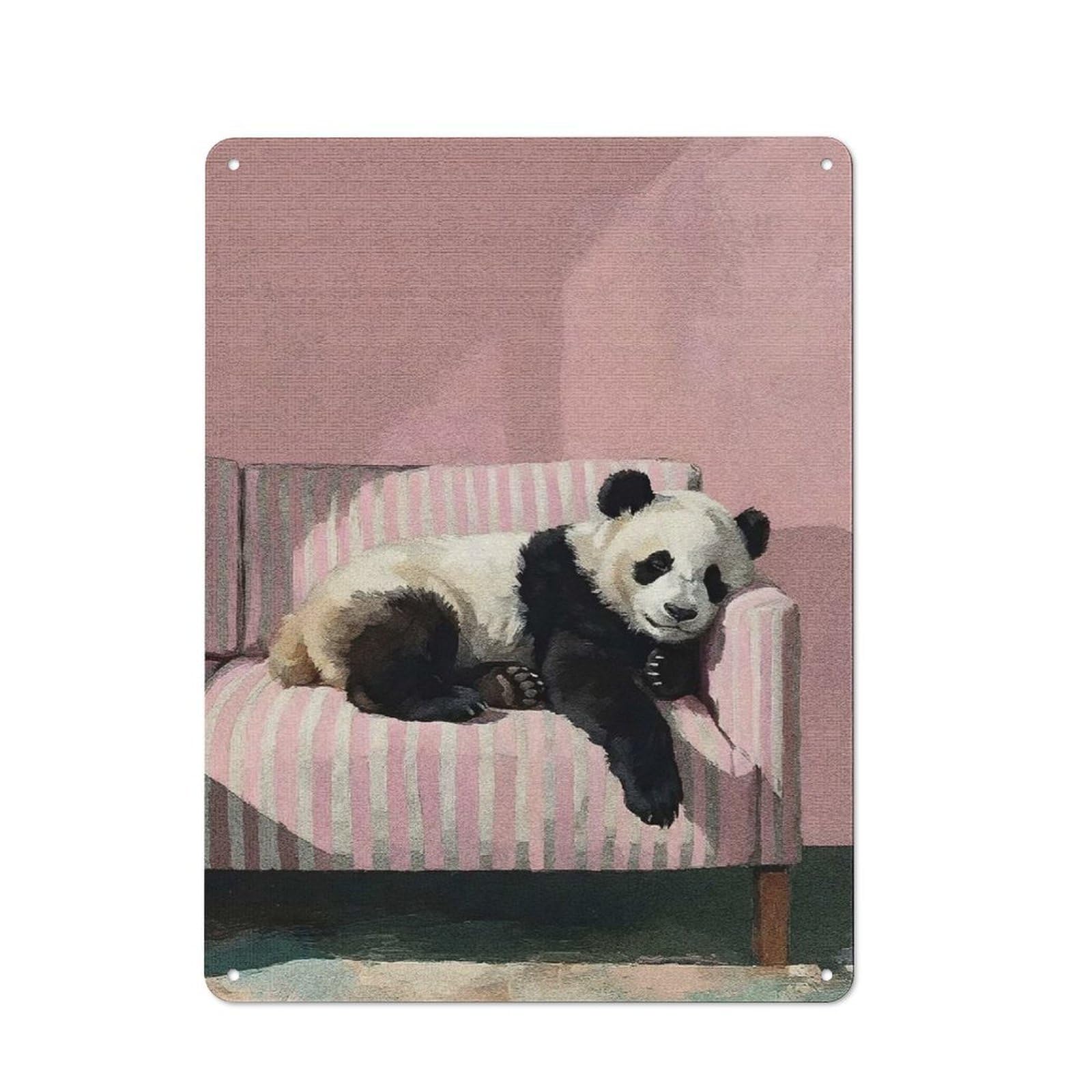 Junmoney Style-24 Sleeping Panda On Striped Couch Rustic Metal Sign 40X30cm, Barn Style Farmhouse Wall Decor For Kitchen, Cottage, Porch Or Garden Room