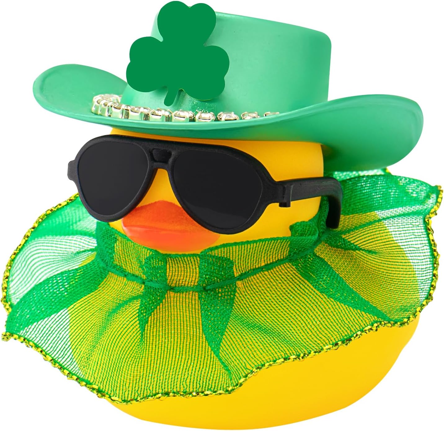 wonuu St Patrick's Day Rubber Duck, Green Shamrock Lucky Rubber Ducks with Skirt for Duck Party Favors Dashboard Decoration Car Ornament, Black Sunglasses Diamond Cowboy Hat Gold Hem Dress