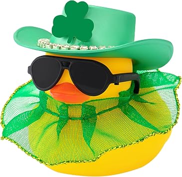 wonuu St Patricks Day Rubber Duck, Green Shamrock Lucky Rubber Ducks with Skirt for Duck Party Favors Dashboard Decoration Car Ornament, Black Sunglasses Diamond Cowboy Hat Gold Hem Dress