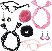 PonFxp Pink Ladies Fancy Dress, 50s Retro Costume Set for Women with Cat Eye Glasses, Polka Dot Bandana Tie Headband and Earrings, Grease Outfit for Halloween and Themed Parties