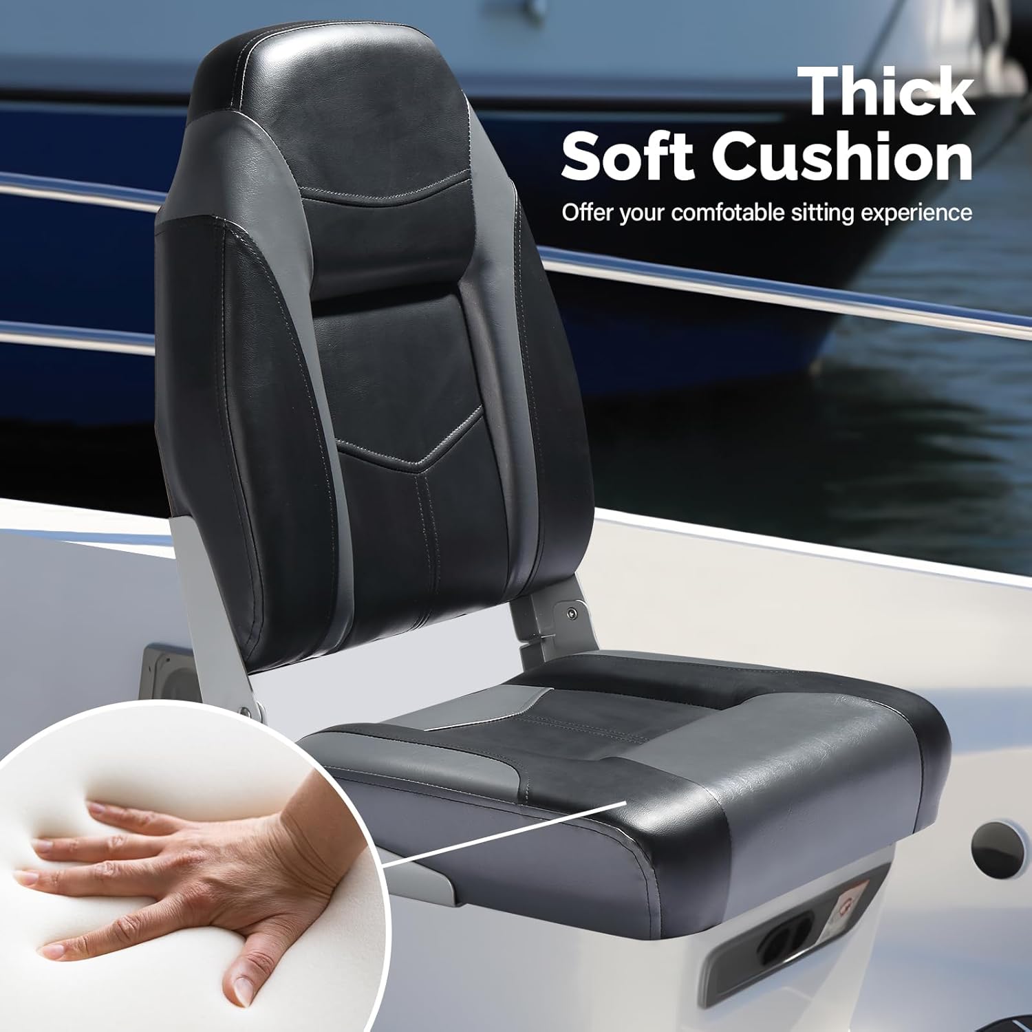 PEXMOR Boat Seats Low/High Back, Folding Boat Seat Included, Fold-Down Fishing Boat Seats Waterproof Captain Boat Seat w/Aluminum Hinges & Thick Soft Cushion, 2 Packs (High Back-Grey & Black)