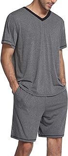Mens Pajama Set Short Sleeve V Neck 2 Piece Nightwear Shorts With Pockets Summer Sleepwear PJS for Men