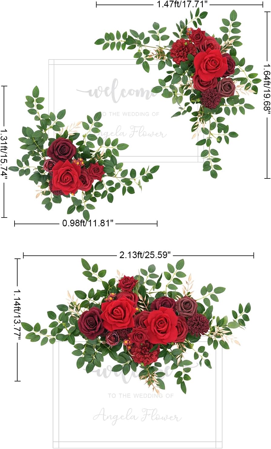 2pcs Burgundy & Red Deluxe Welcome Sign Artificial Flowers Wedding Backdrop Garland Hanging Floral Arrangements for Ceremony Reception Entryway Board Sweetheart Table