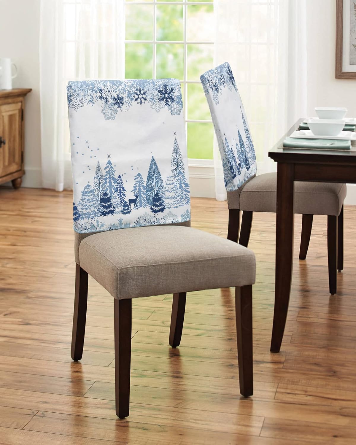 Dining Chair Back Covers, Christmas Snowflake Elk Tree