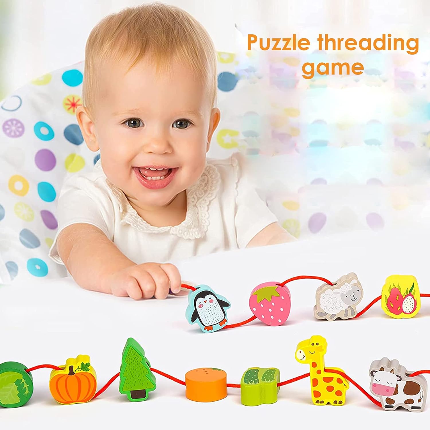 42 Pieces Toddler Threading Toy Wooden Educational String Lacing Beads
