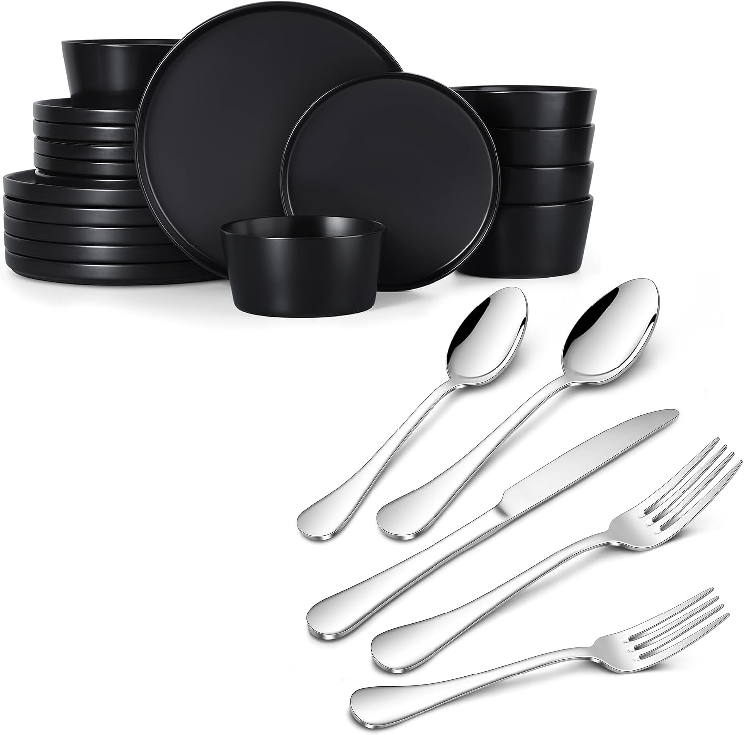 Herogo 18 Pieces Dinnerware with 18/10 Stainless Steel Silverware Set Service for 6, Dinner Plates and Bowls Sets, Stoneware Dishes Set for Kitchen, Microwave & Dishwasher Safe, Matte Black