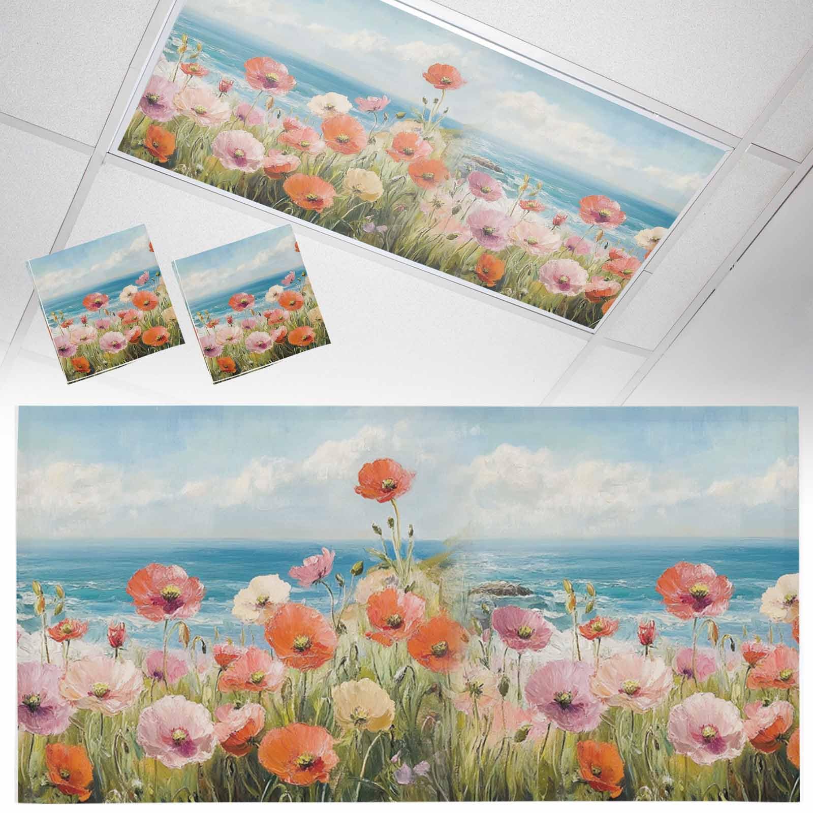 Wowouhiya 2 Pack Fluorescent Light Cover for Ceiling Lights, Pink Spring Floral Magnetic Classroom Light Filters 4x2 Feet, Modern Abstract Art Aesthetics Oil Painting Decorative Ceiling Shade Panel