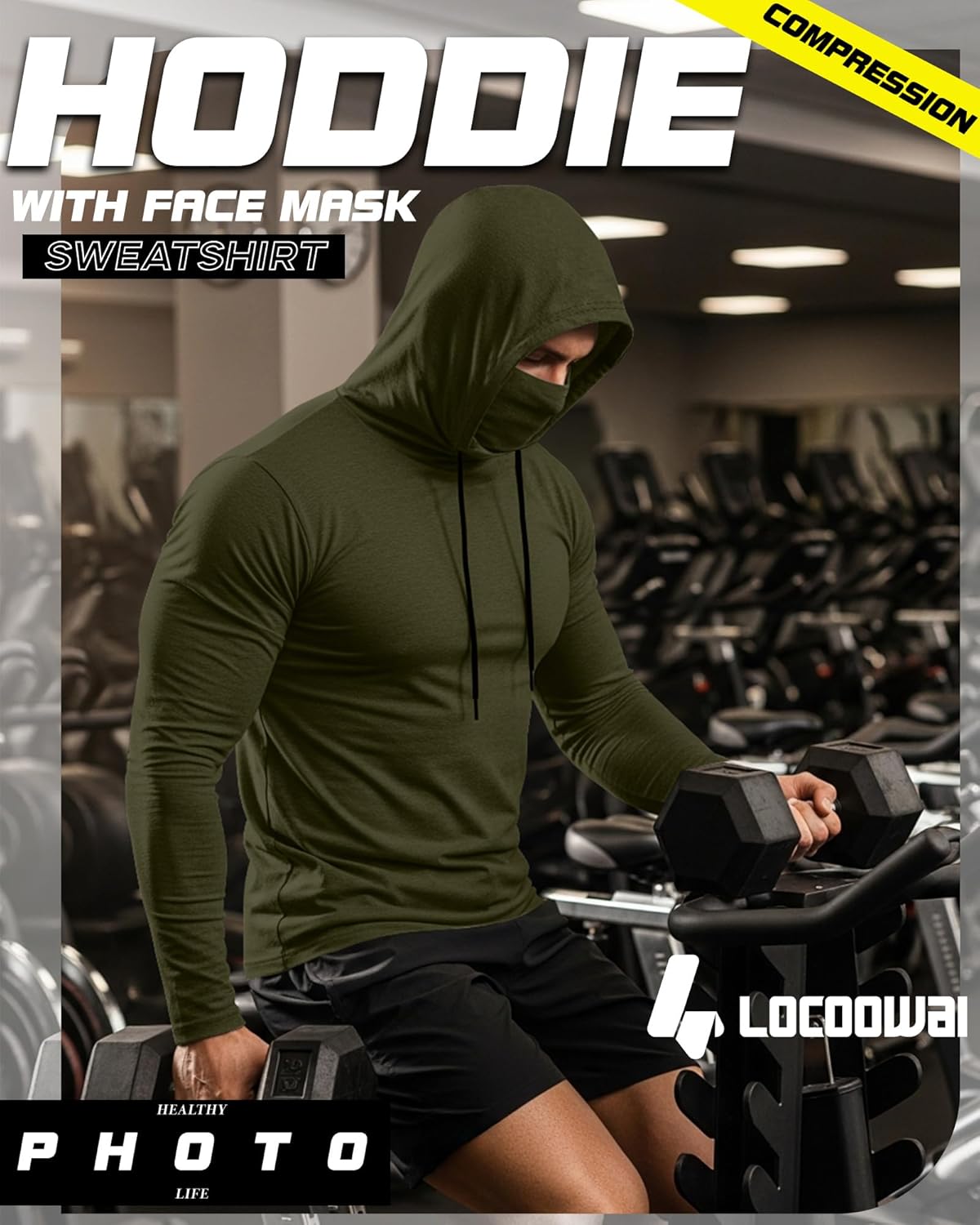Men's Compression Hoddie with Face Mask Sweatshirt Long Sleeve Thermal Base Layer Top Active Running Pullover - Image 2