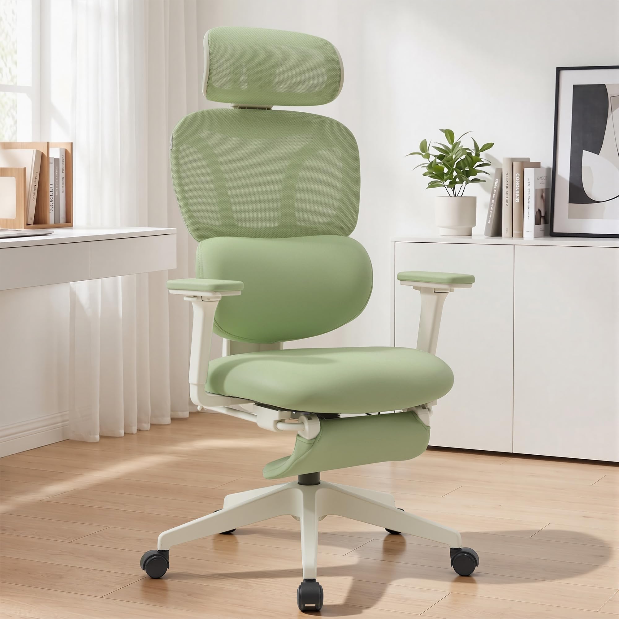 WELAX S3 Pro Ergonomischer Bürostuhl mit Netzbezug, Fußstütze und Verstellbarer Kopfstütze – Hochlehniger Schreibtischstuhl mit Lendenwirbelstütze für Homeoffice, Computer und Gaming, Grün