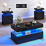 LUXOAK 3 Pieces Living Room Table Set, Modern High Gloss Coffee Table Set with LED Light and Storage Space, 2 End Side Tables with Charging Station for Living Room, Office, Black