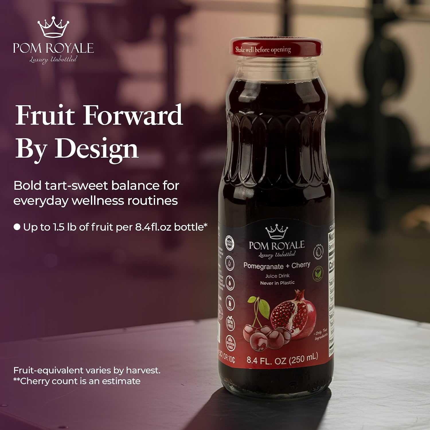 Pure Pomegranate & Cherry Juice, 8.4oz Glass Bottle (Pack of 12), Cold Pressed Juice, Not from Concentrate, Non-GMO, No Sugar Added, Gluten Free, Kosher Certified, Preservative Free