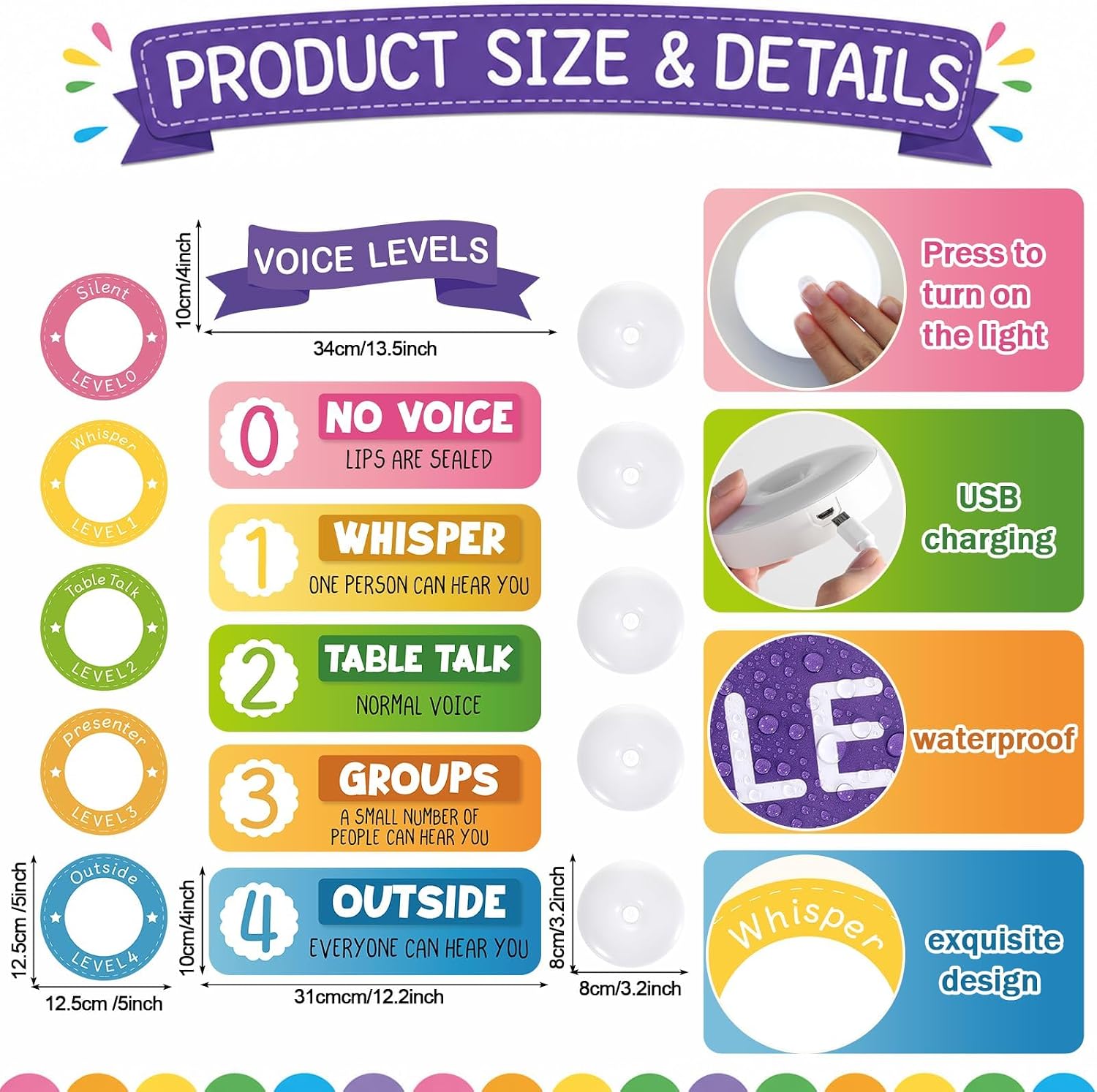 16 PCS Colorful Push Light and Voice Level Chart Poster Colorful LED Tap Light Voice Level Chart Sticker Noise Levels Management Tool Monitor Rules Sign Classroom Decor for Back to School Supplies image 2