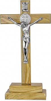 Venerare Standing Crucifix Cross 12" Olive Wood Standing Cross with Holder and St. Benedict Booklet Included