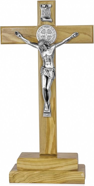 Venerare Standing Crucifix Cross 12 Olive Wood Standing Cross with Holder and St. Benedict Booklet Included