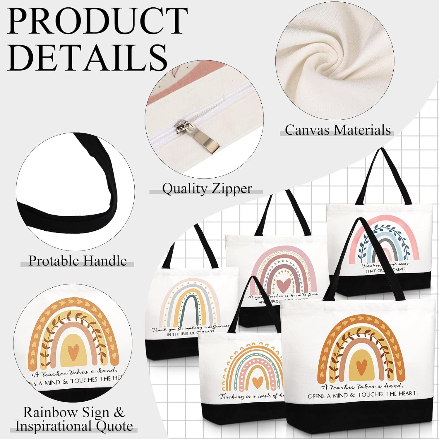 Sieral 10 Pcs Rainbow Canvas Tote Bag Teacher Appreciation Gift Bulk Retirement Thank You for Women(Cute Style) - Image 7