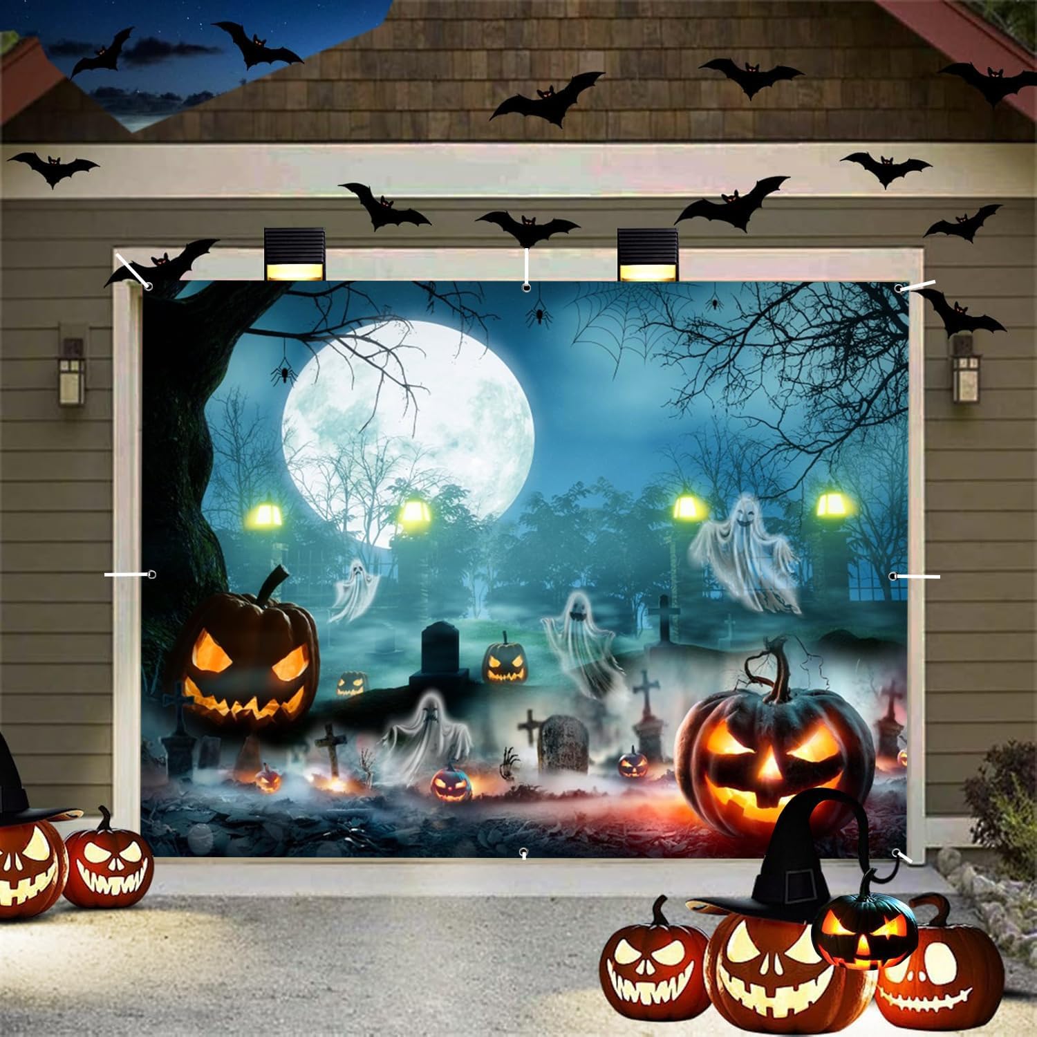 Halloween Garage Door Decorations 7x8ft Creepy Cemetery Skeleton Dance Backdrop Halloween Garage Door Banner Cover Horror Night Forest Graveyard Background Spooky Party Decor
