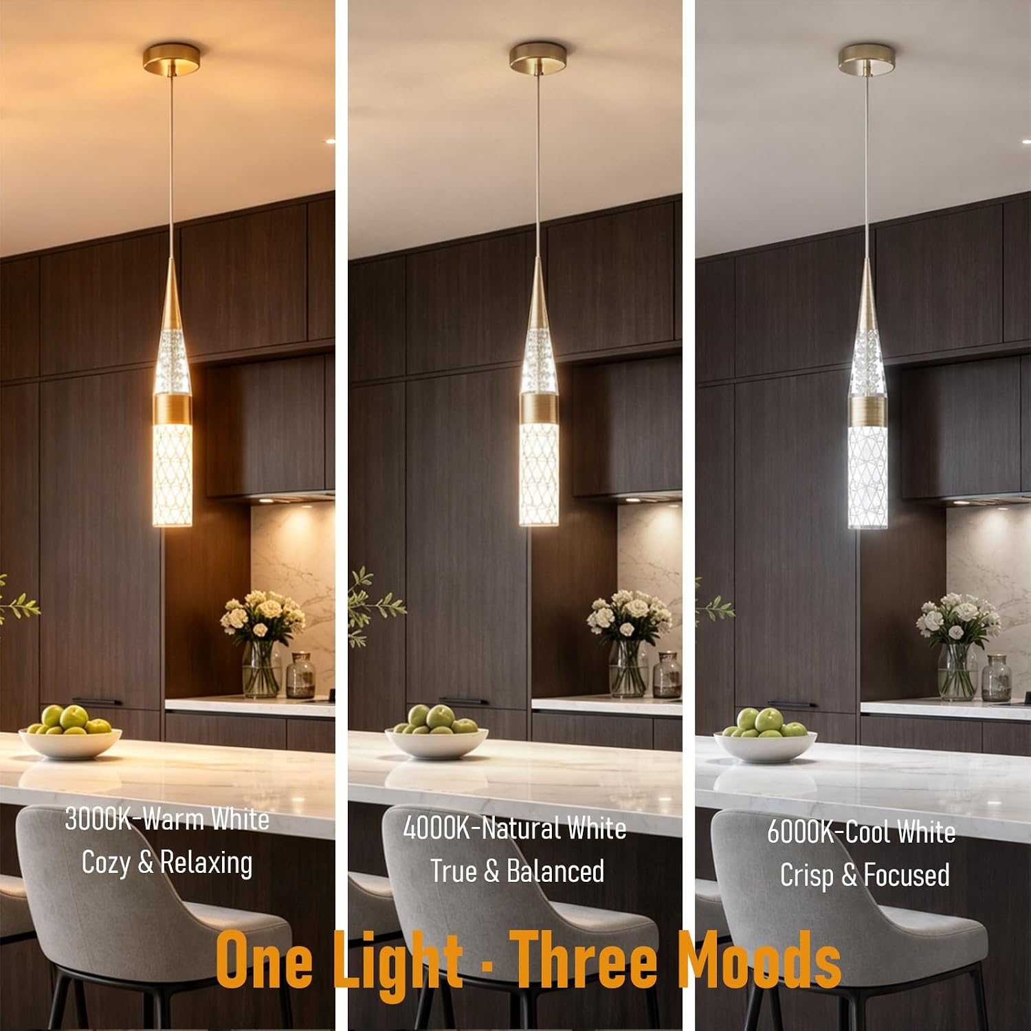 Gold Crystal-Style Acrylic Pendant Light, 3-Color Dimmable | Modern gold pendant light, height adj, dimmable 3000K-6500K, 400LM, single or multi install for kitchen island, dining table