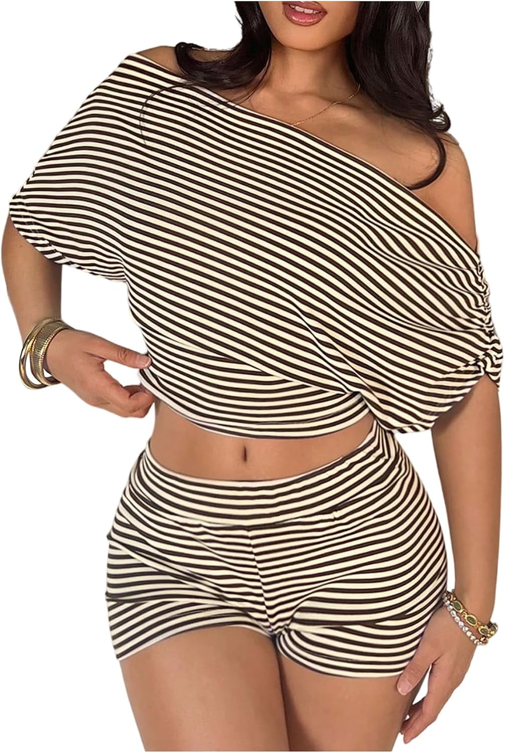 Verdusa Women's 2 Piece Matching Sets Striped Off Shoulder Crop Tops and Mini Shorts Summer Sets