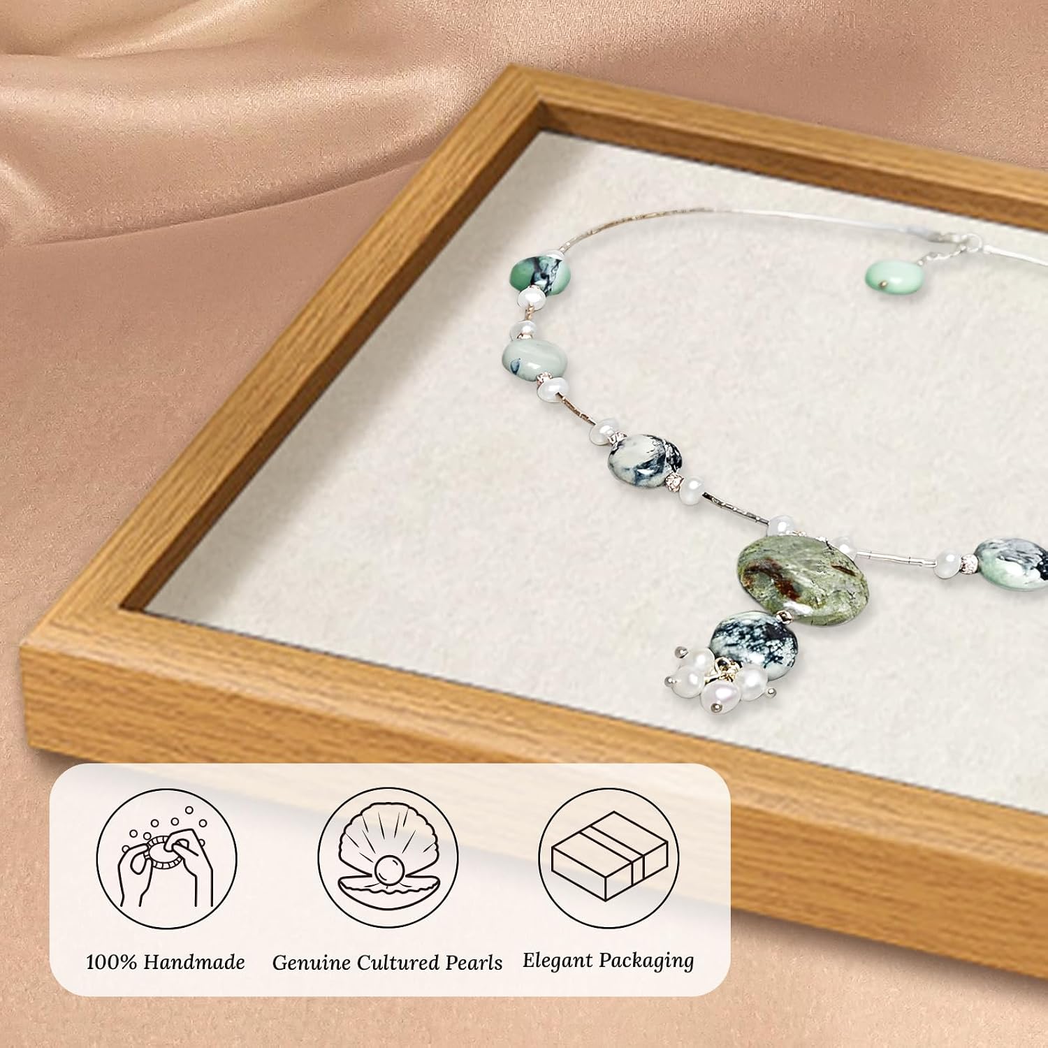 16" Freshwater Pearl Necklace - Baroque Necklace with Green Opal, Turquoise, Silver Clasp - Real Pearls Strand with Vintage Beaded Charms Luxury Jewelry Gift