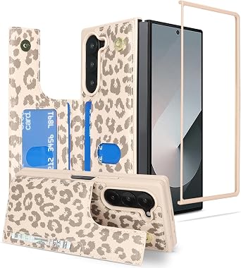 iCoverCase Compatible with Samsung Galaxy Z Fold 6 Wallet Phone Case with Card Holder for Women Men, Magnetic Clasp RFID Blocking PU Leather Protective Case Beige Leopard