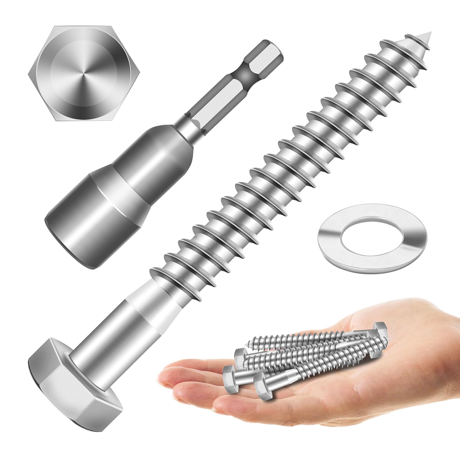 (16Sets) 1/2" x 6" Hex Head Lag Bolts, Heavy Duty Lag Screws with Washers, 304 Stainless Steel Bolts 18-8, Lag Screws Wood Screws, Partial Thread Bright Finish, 1/2 Bolt by Mywish