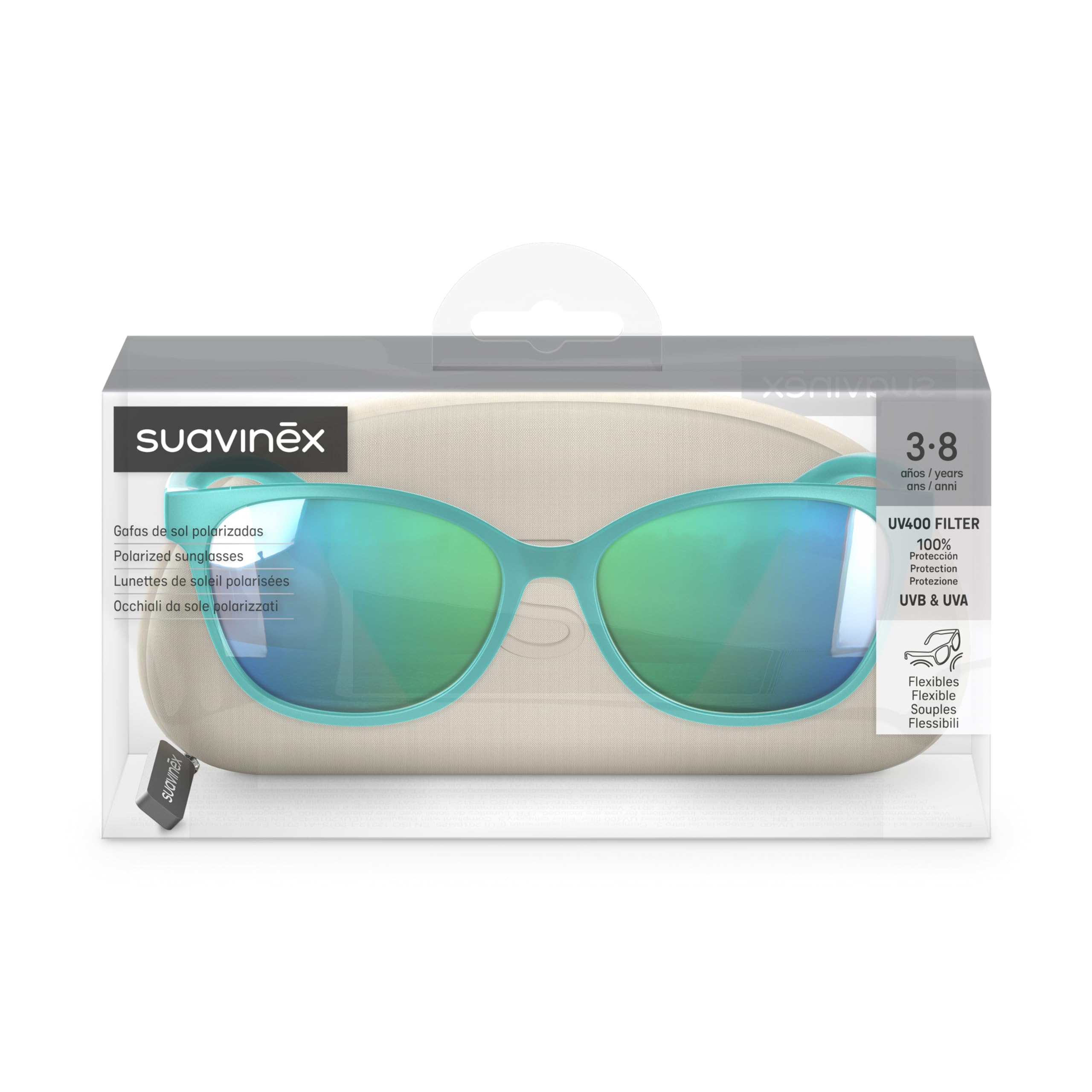 Suavinex, Occhiali da Sole polarizzati per Bambini 3-8 Anni, con Filtro UV 400, Protezione al 100% dai Raggi UVA e UVB, Custodia e cordino Inclusi, Flessibili e Leggeri