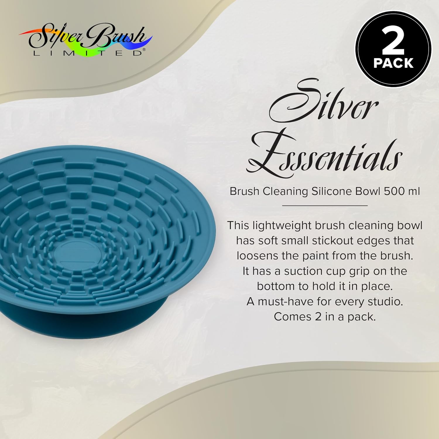 Silver Brush Limited 9057 Silver Essentials 500ml/16.9oz Round Brush Cleaning Silicone Bowl, Leak-Proof Paint Brush Water Cup for Water Media Painting, for Studio, Travel, and Plein Air, Blue, 2 Pack