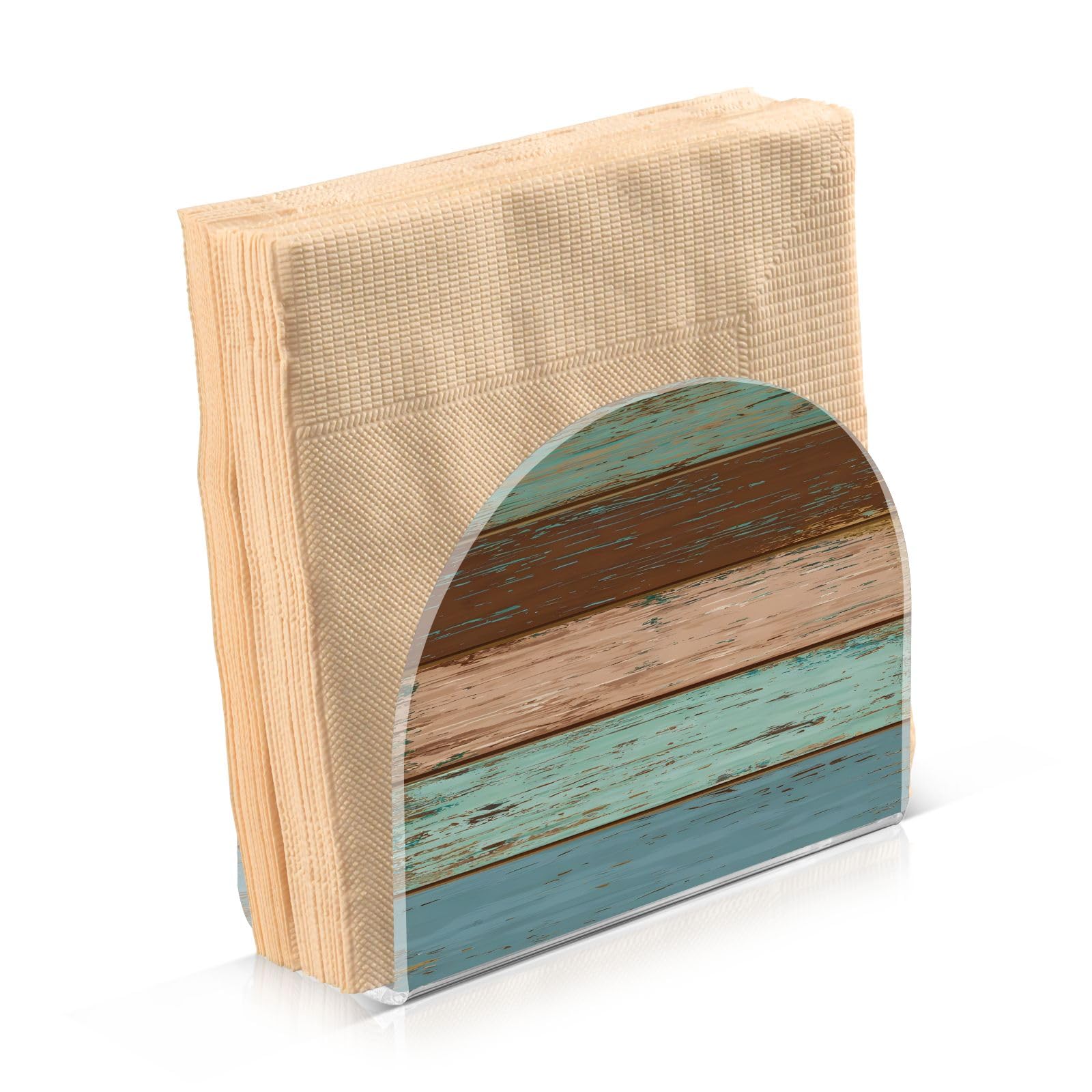 Servilletero de acrílico con textura de madera rústica, verde azulado, marrón, para mesa de cóctel, dispensador de servilletas de papel, para el hogar, cocina, restaurante, bar, 1 unidad