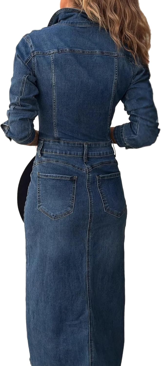 Conshvi Denim Dress for Women Trendy Long Sleeve Button Down Denim Maxi Dress 2025 Fall Bodycon Slit Long Jean Dresses - Image 4