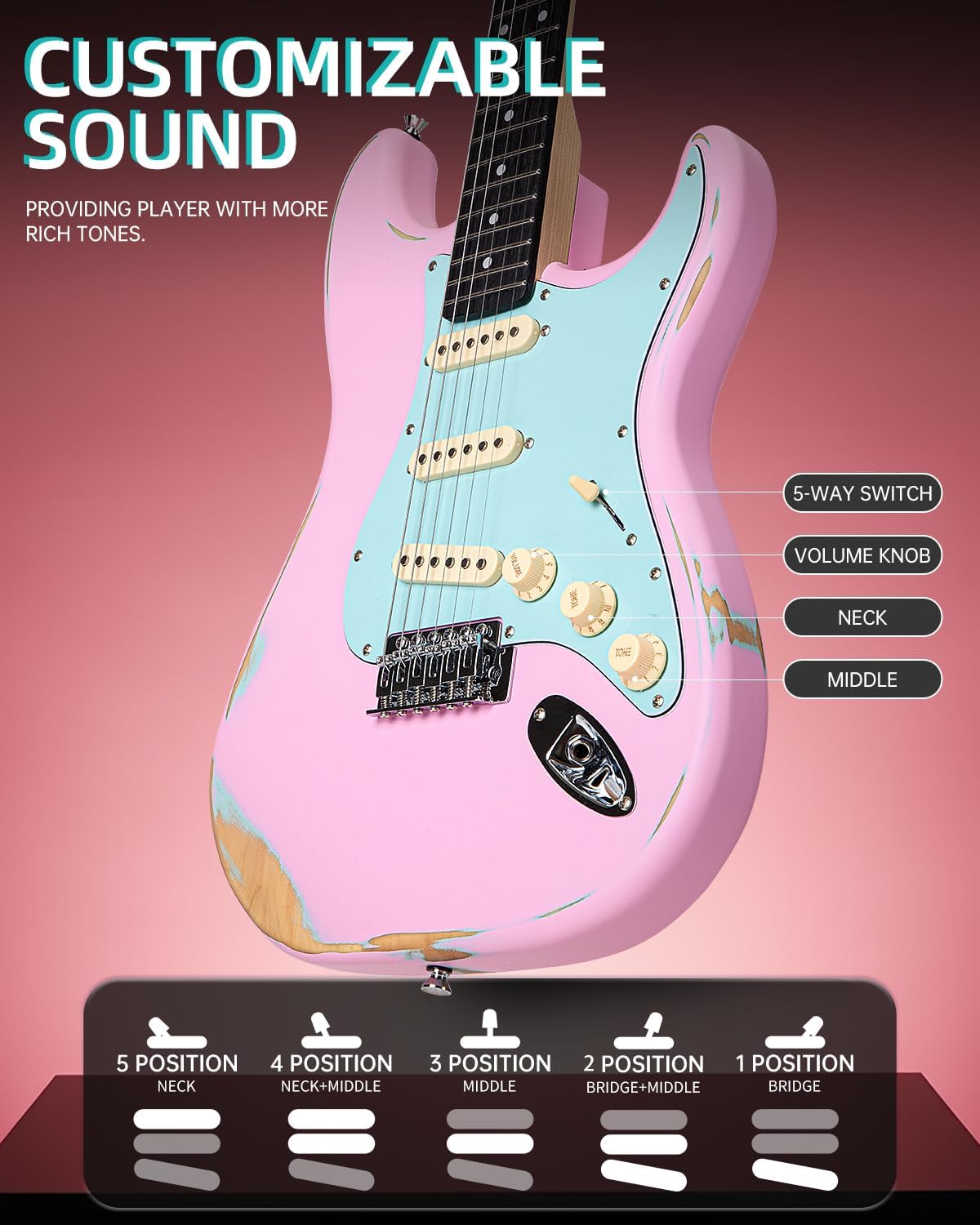 BAHAMUT 39" Solid Body 6 String Electric Guitar, Guitarra Eléctrica with Pink&Blue California Relic Finish, Canadian Maple Neck&Purpleheart Fingerboard, SSS Pickups&Locking Tremolo Bridge