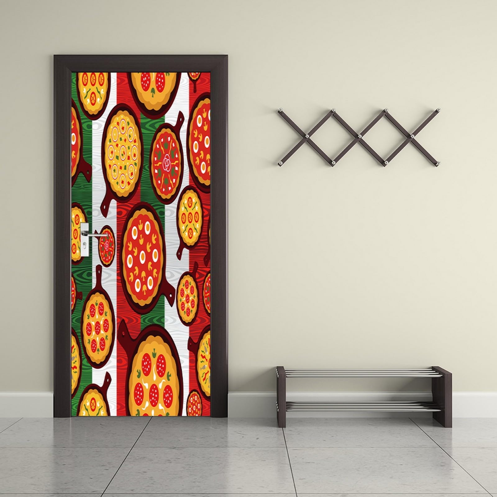 Sticker porte 3D pizza coloré : vinyle adhésif lavable pour rénover une cuisine