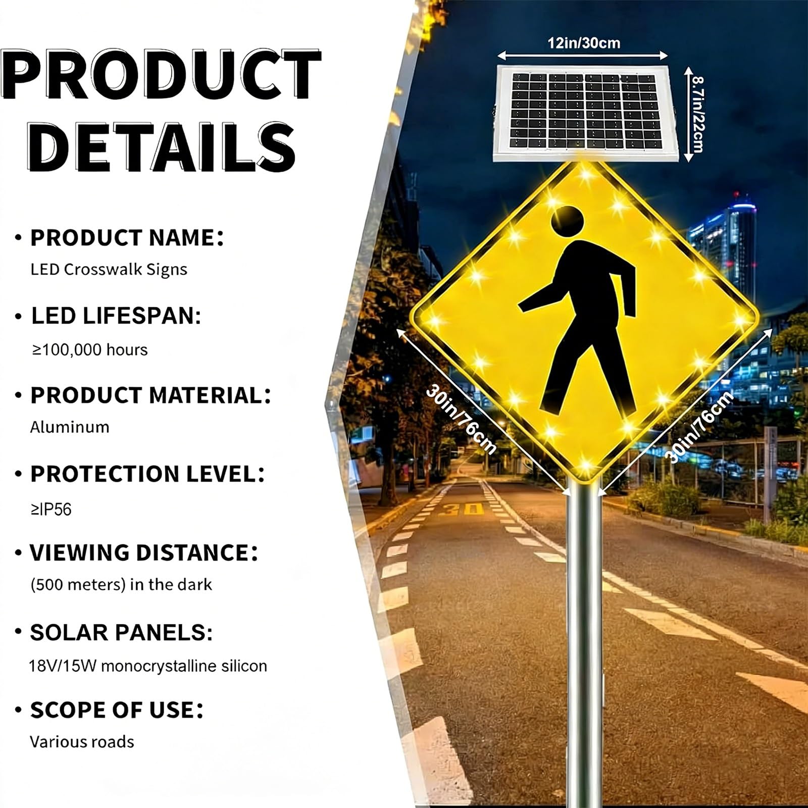 Zasilana energią słoneczną, migająca tabliczka na przejście dla pieszych (61/76 cm) z zasilaniem energią słoneczną, nierdzewna aluminiowa rama, szkoły, obszary miejskie i instalacje mieszkalne (30