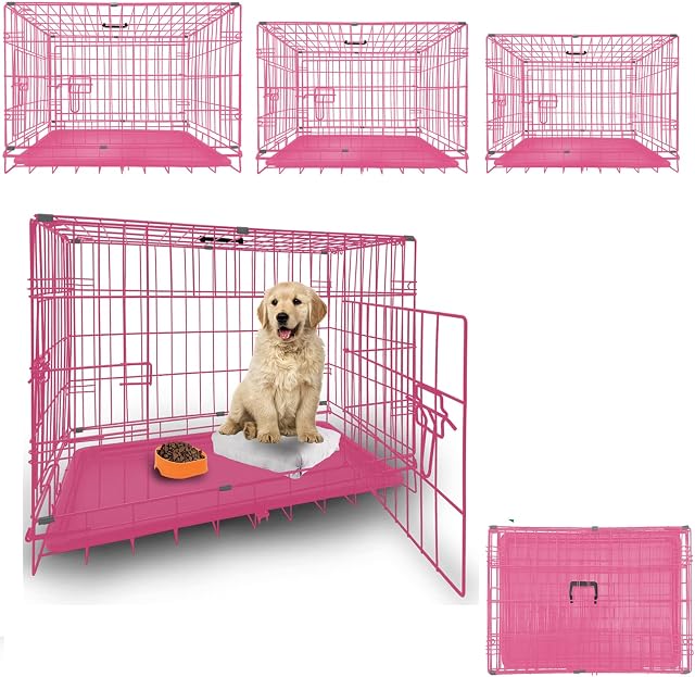 Double Doors Dog Puppy Cage Pet Crates Kennels 30 Inches Dog Room Folding Metal Pet Puppy Cage with Removable Tray Traveling Crate Animal Transport Carrier for Indoor Outdoor Use, Pink