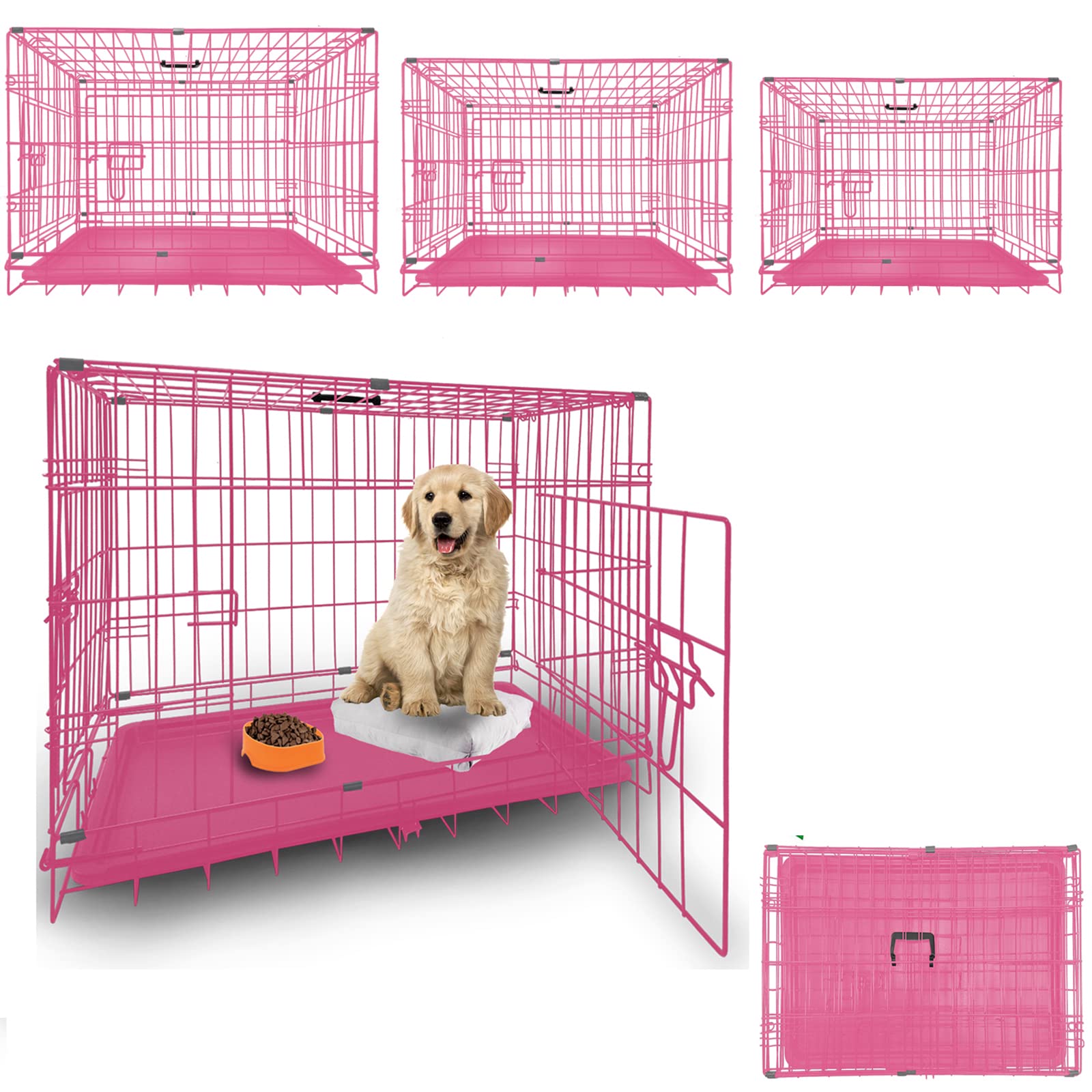 Royalswill Double Doors Dog Puppy Cage Pet Crates Kennels 30 Inches Dog Room Folding Metal Pet Puppy Cage with Removable Tray Traveling Crate Animal Transport Carrier for Indoor Outdoor Use, Pink