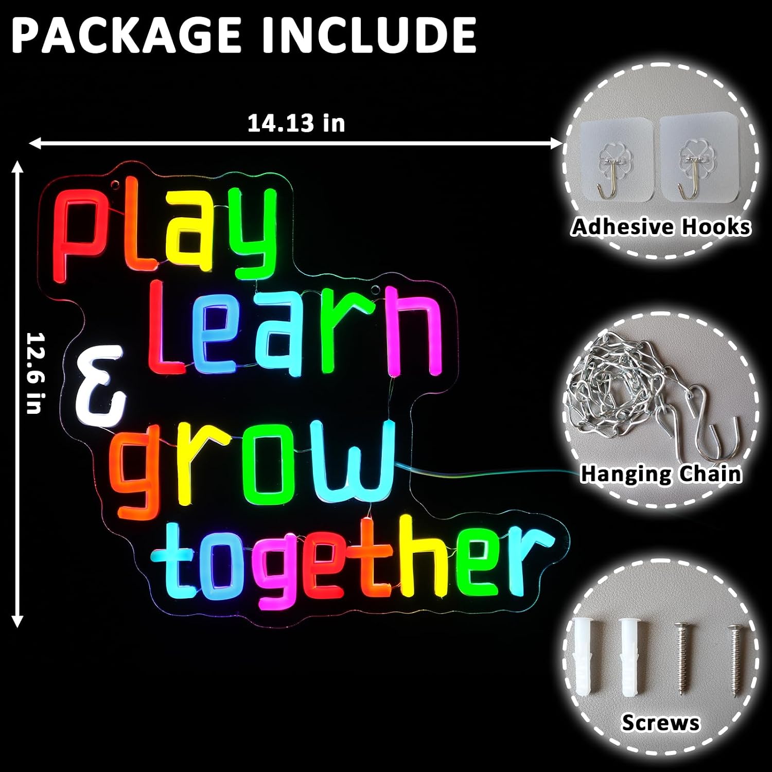 Play Learn Grow Together Neon Sign for Wall Decor Dimmable Letters Led Sign for Classroom Colorful Neon Light for Daycare Home Playroom Party Shop Bedroom Wall Art Decoration