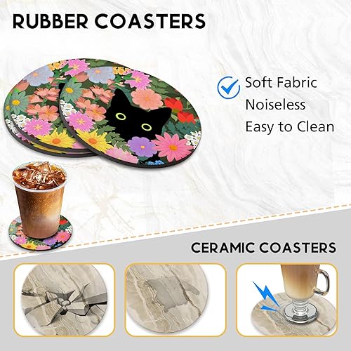 Vista 5 de Swooflia Posavasos para bebidas, mesa de café, diseño de gato negro, lindo colorido de silicona, absorbente, juego de posavasos para inauguración