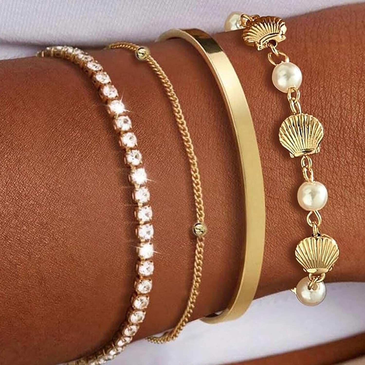 Stackable Bracelet Set for Women, Shell Tennis Cuff Bracelet Gold Silver Layered Chain Bracelets, Mixed Link Bracelets Stack, Trendy Minimalist Wrist Jewelry for Everyday, Party, Gift - Image 2