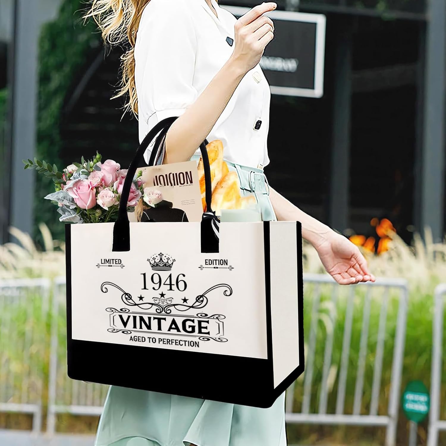 80th Birthday Gifts for Women–Vintage 1946 Canvas Tote Bag Set, 80th Birthday Gift for Mom Grandma Wife Sister, Meaningful 80 Year Old Woman Gift with Cosmetic Bag, Back in 1946 Poster,Greeting Card - Image 2