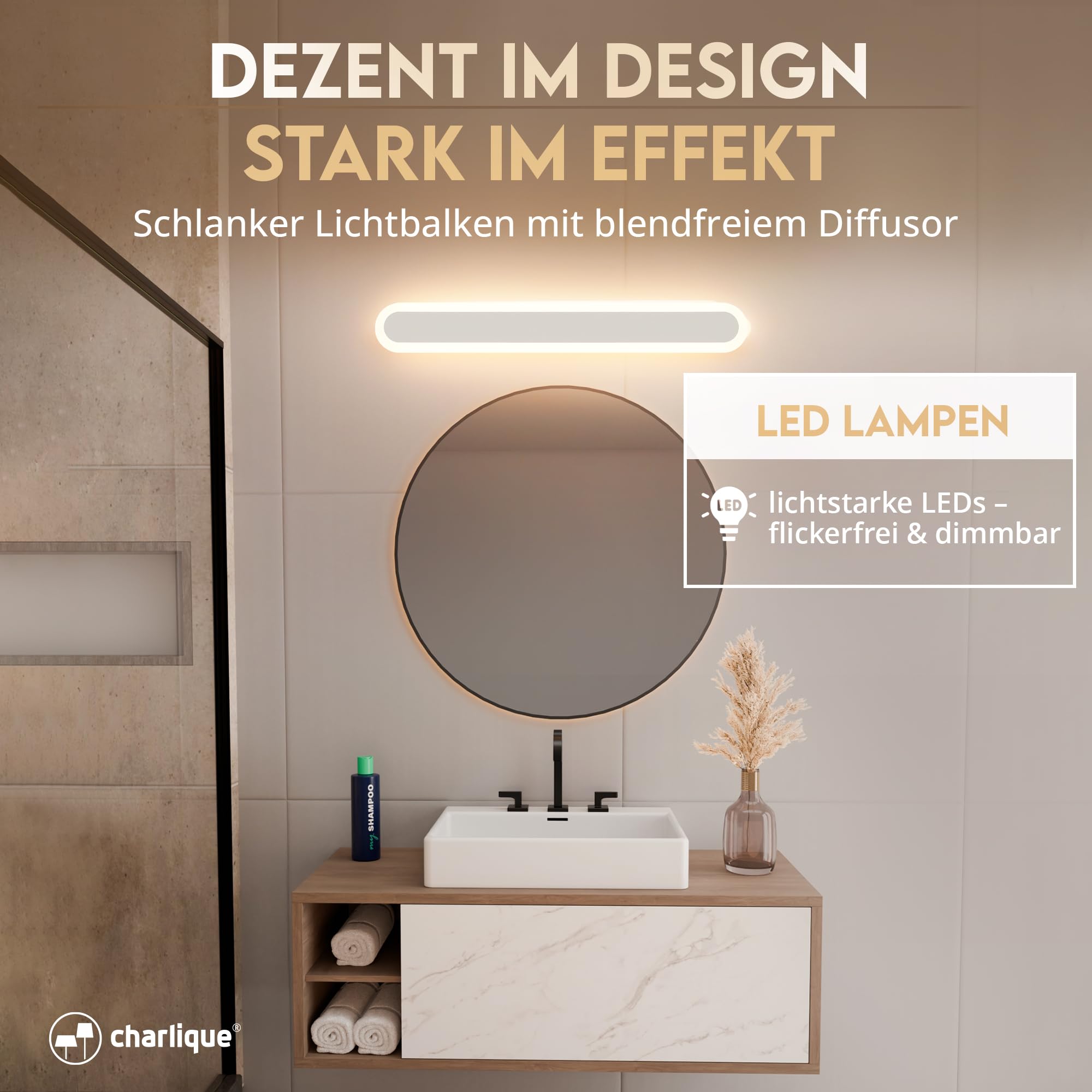 Aplique de pared LED para interiores - Pipe Light 60 cm, blanco, lámpara de pared delgada, lámpara de espejo para baño, iluminación de pared universal para baño, dormitorio, salón …
