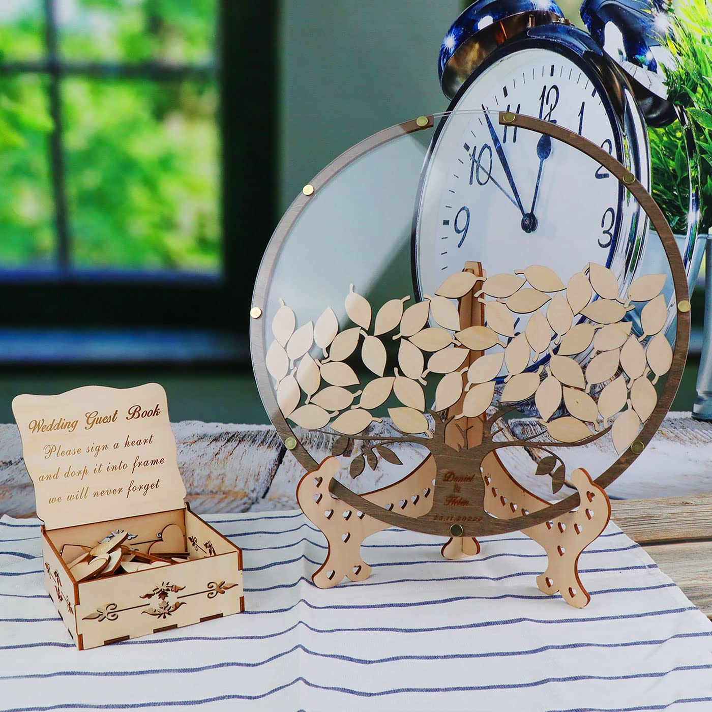 Livre d’or Arbre Personnalisable – Livre d’or de Mariage Alternatif avec Feuilles et Boîte – Cadre Rond en Bois et Acrylique pour Décoration Rustique (Anniversaire, Naissance)