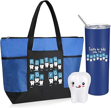 Nuogo 3 Pcs Positive Dental Hygienist Gifts Dental Assistant Gift for Women Men Inspirational 20oz Tumbler Tote Bag Tooth Stress Toy for Christmas Dentist Must Haves Appreciation(Blue)