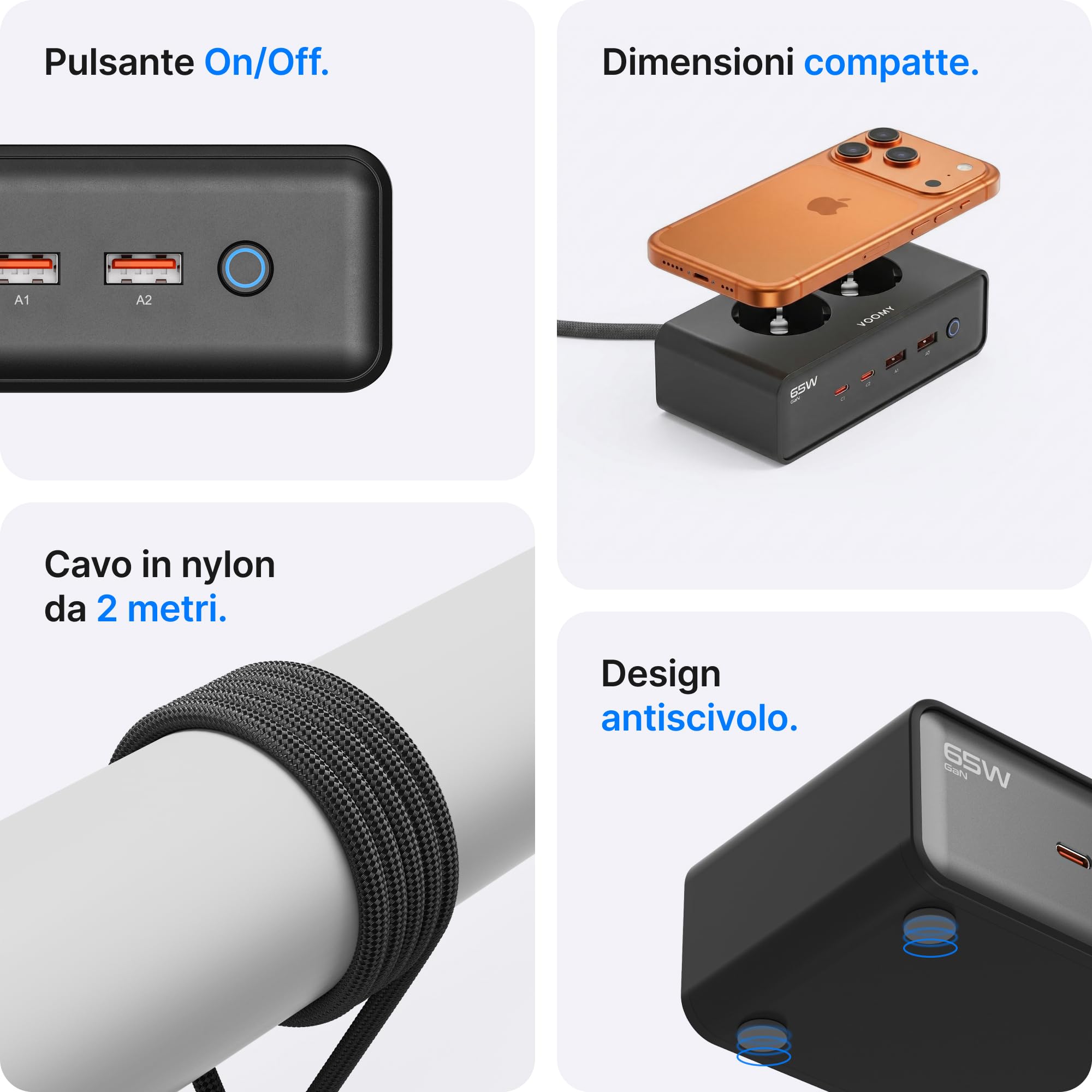 VOOMY Ciabatta Multipresa con 65W Carica Rapida, Presa Multipla Salvaspazio con 2 Spina AC, Ciabatta Multipresa con 2 USB-C & 2 USB-A, Interruttore e Cavo da 2m (Nero, 65W)