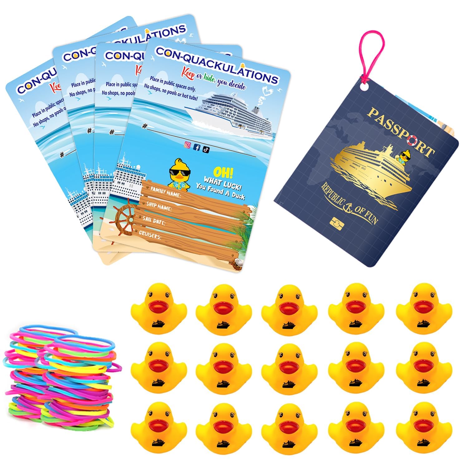 Cruising Duck Tags, Carnival Ducking Game Card, 20 Pack Duck Tags, 20 Yellow Rubber Ducks, 20 Rubber Bands, Passport Design