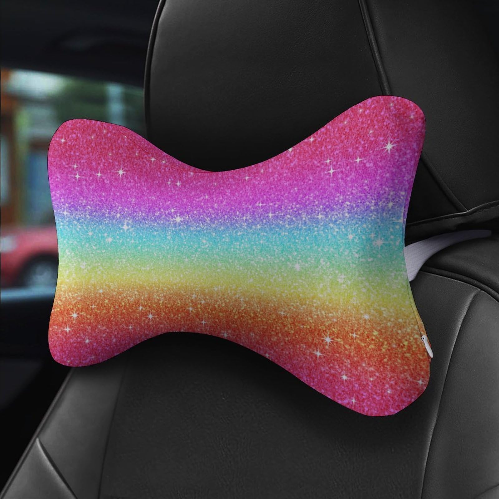 SMAZDFXX Rainbow Ombre Glitters Car Neck Pillow Set of 2 Car Seat Head Support Cushion Bone Pillows with Elastic Strap