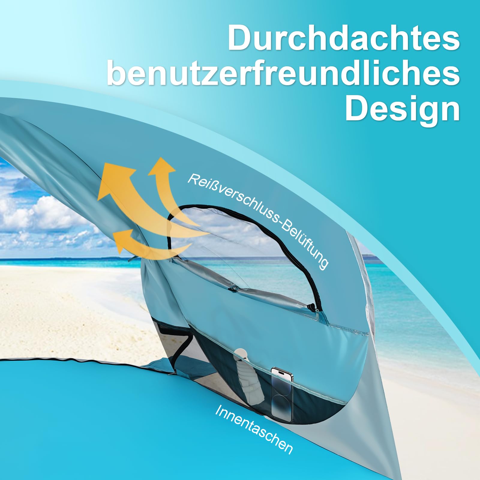 Strandmuschel Pop-Up Strandzelt mit UV-Schutz 50+, 3-4 Personen Zelt, Tragbar Windschutz & Sonnenschutz Wurfzelt Sonnenzelt für Baby Kinder Familie Strand Camping Garten
