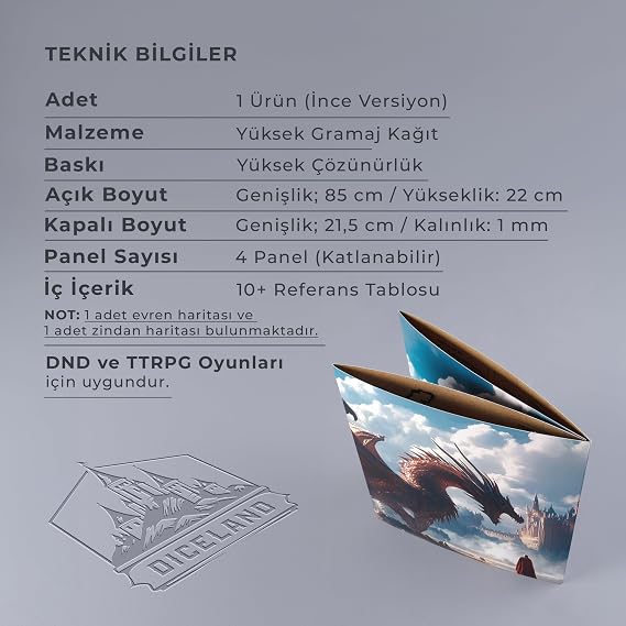 DiceLand DND DM Screen Türkçe GM Panel – Referans Tabloları, Haritalar, Katlanabilir Oyun Yöneticisi Ekranı (TTRPG Aksesuarı)
